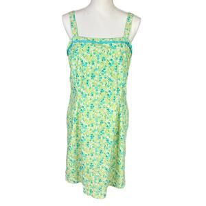 Ann Taylor Loft Sundress Sze 14 Green Blue Floral Cotton Straps Lined Y2K Casual